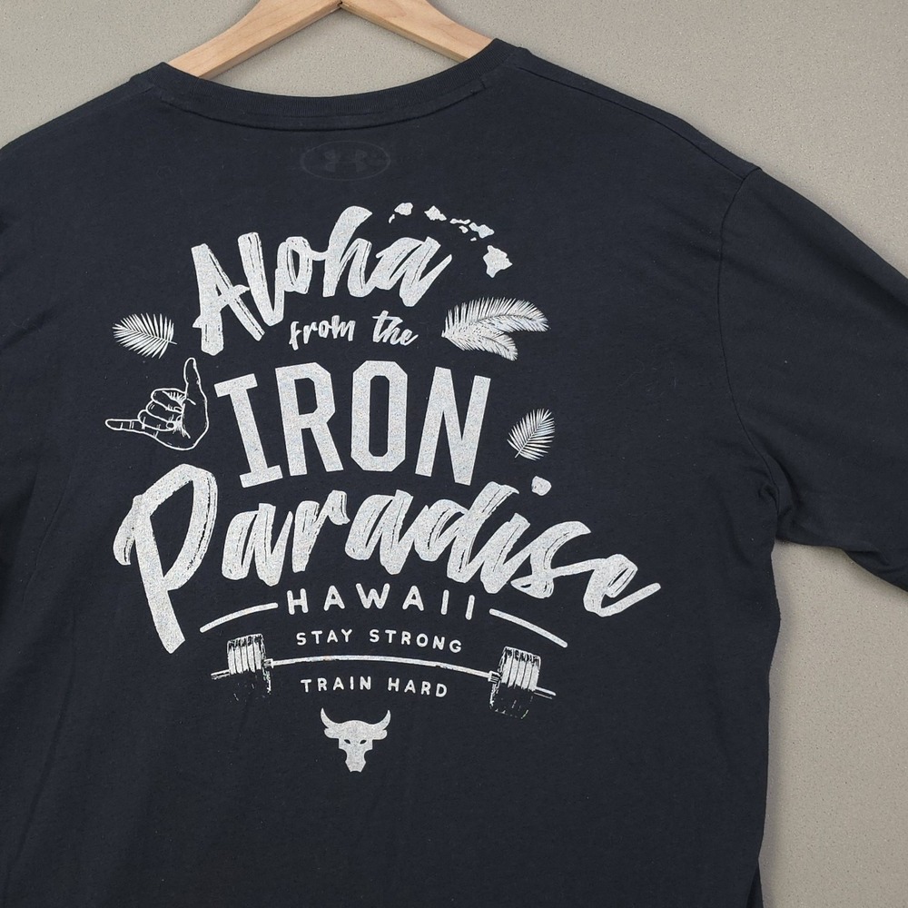 Under Armour Project Rock Shirt Mens M Black Aloha Iron Paradise Hawaii Bull Tee